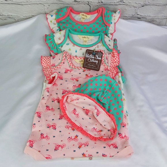 MATILDA JANE 4-PIECE SET 'ROUND TRIP CAMP' REVERSIBLE BODYSUITS & BONNET CLT. - Picture 6 of 16